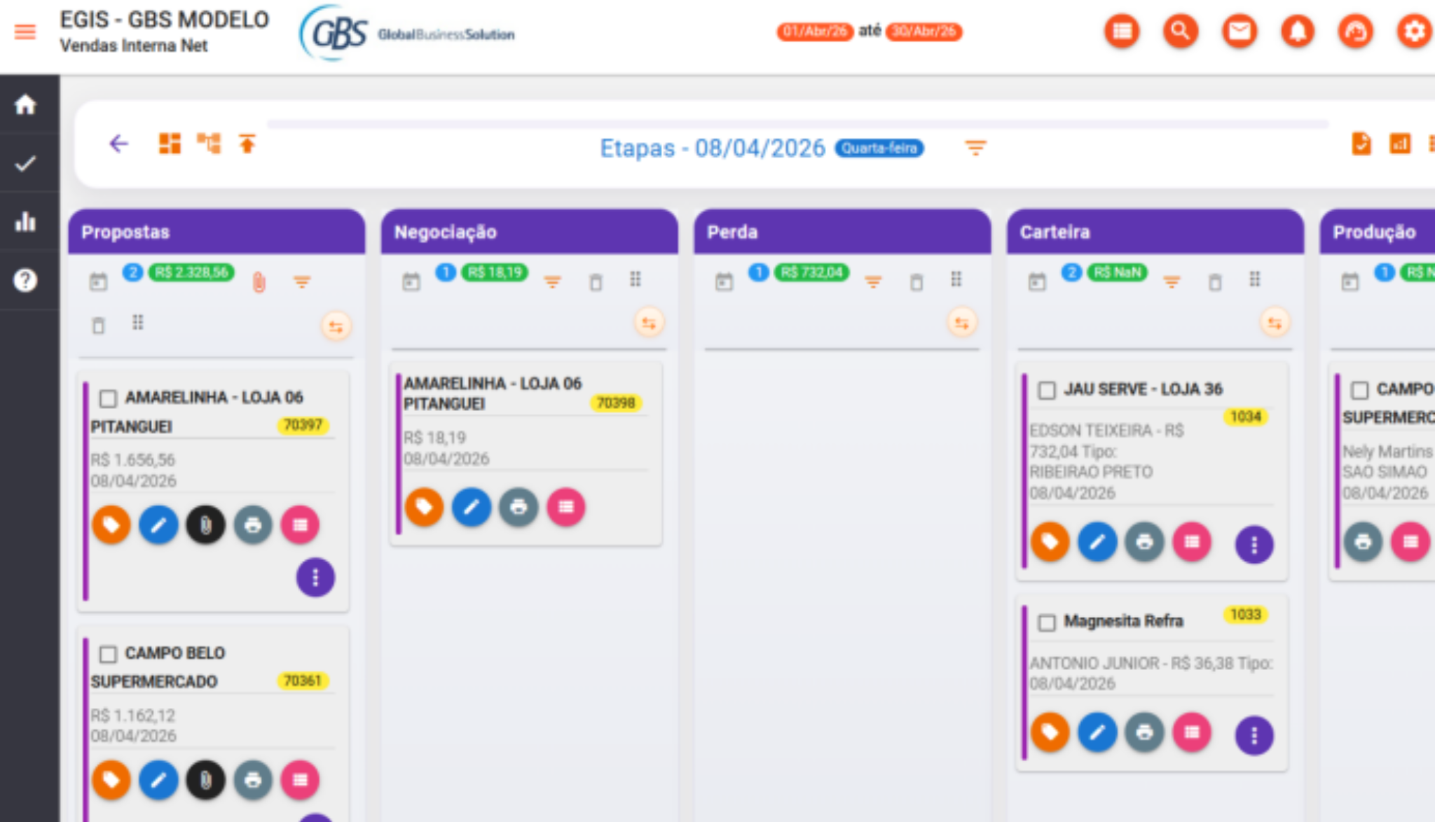 Tela do sistema ERP EGIS